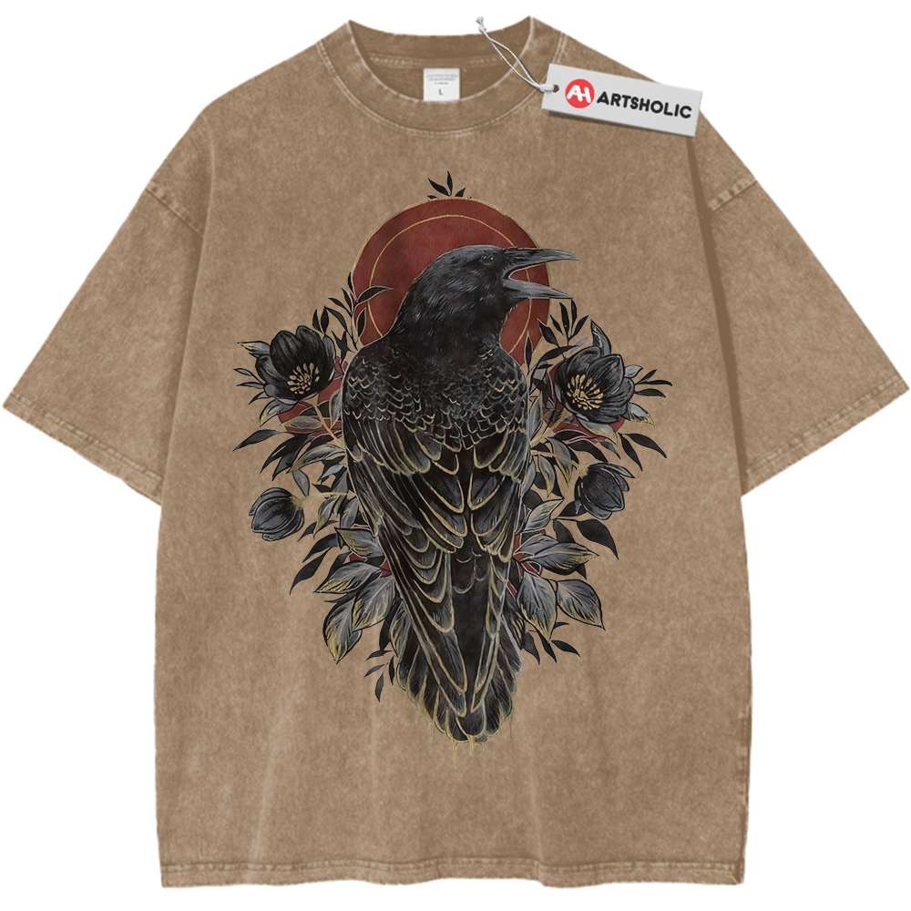 Gothic Raven Shirt, Crow with Red Sun Shirt, Animal Lover Shirt, Vintage T-Shirt