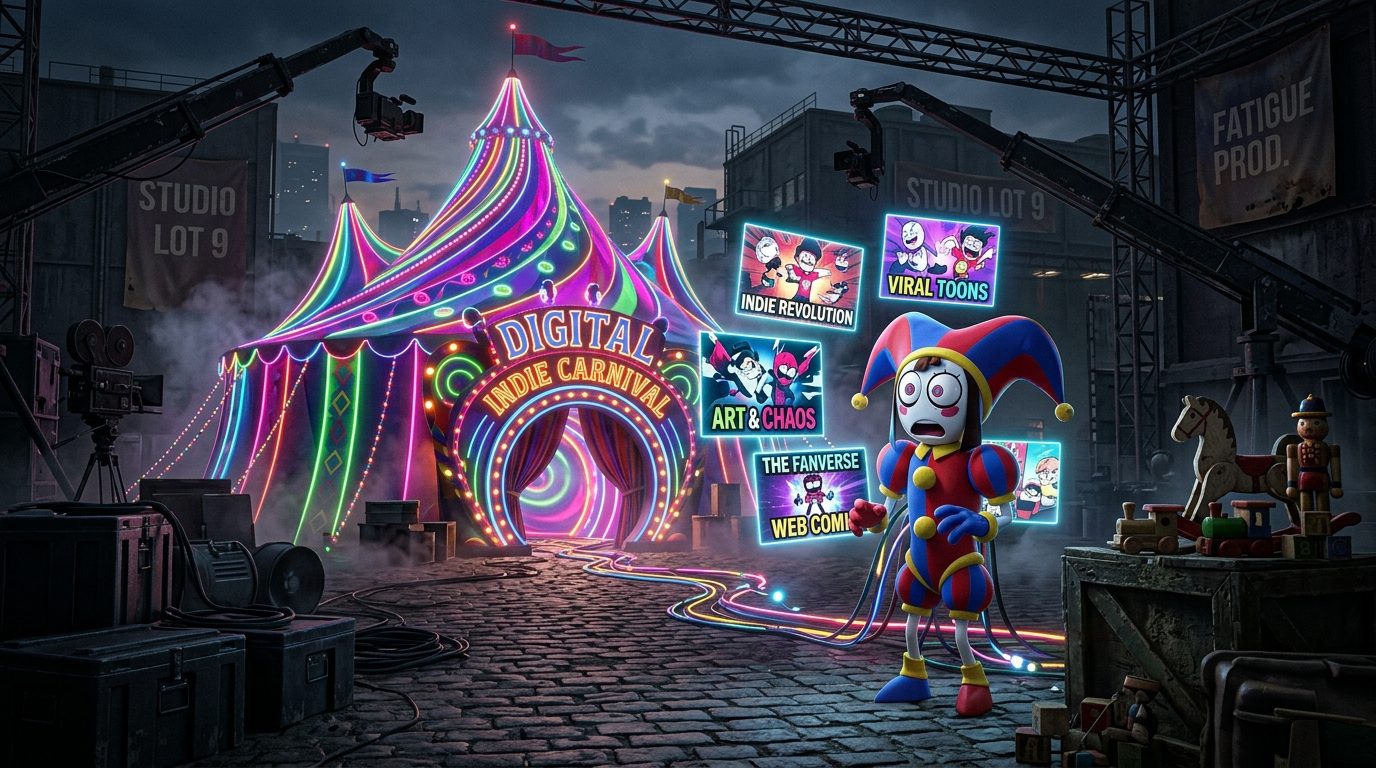 Digital Circus vs Toy Story 5 showing indie jester Pomni contrasting with Hollywood backlot