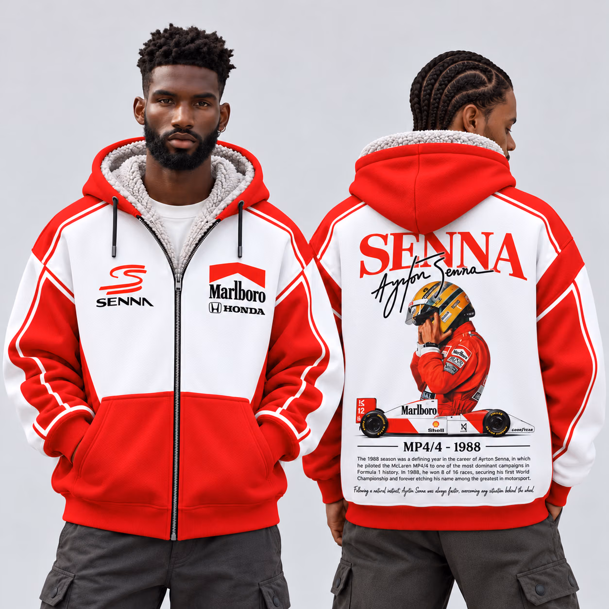 Alternative view of 1988 Magic Senna Marlboro Papaya Team Custom Racing Sherpa-Lined Fleece Zip Hoodie