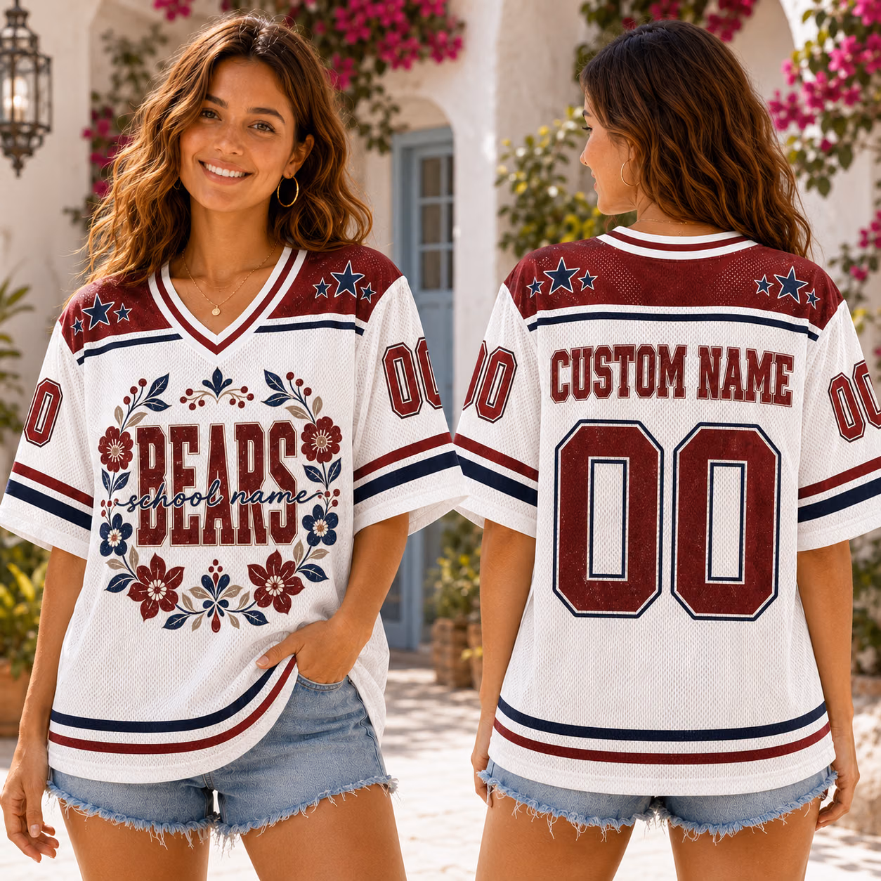 Alternative view of Custom Floral Mascot Football Jersey - Personalized Name and Number Shirt