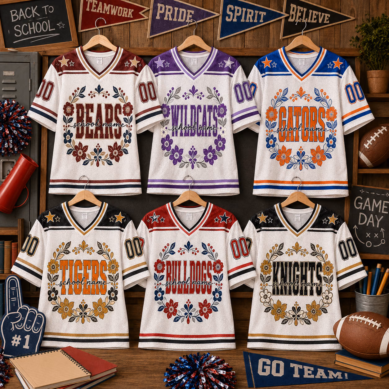 Custom Floral Mascot Football Jersey - Personalized Name and Number Shirt