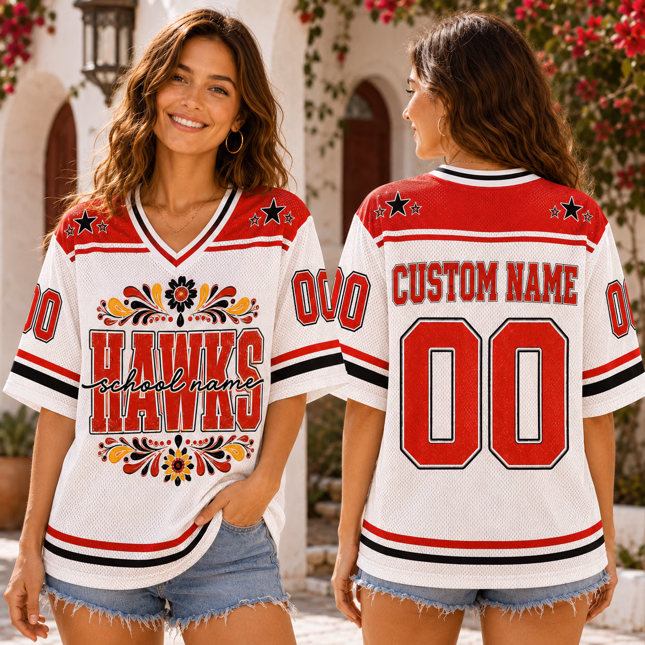 Alternative view of Custom College Football Jersey - Personalized Folk Floral School Shirt