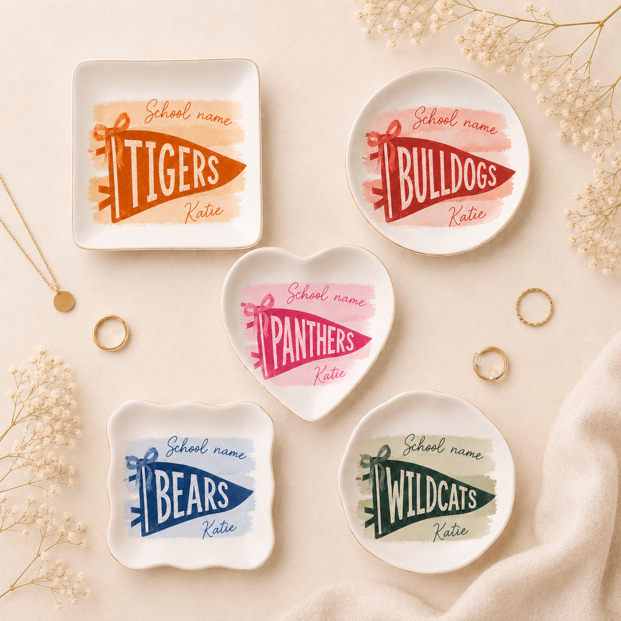 Custom Ceramic Ring Dish - College Pennant Mascot Jewelry Tray