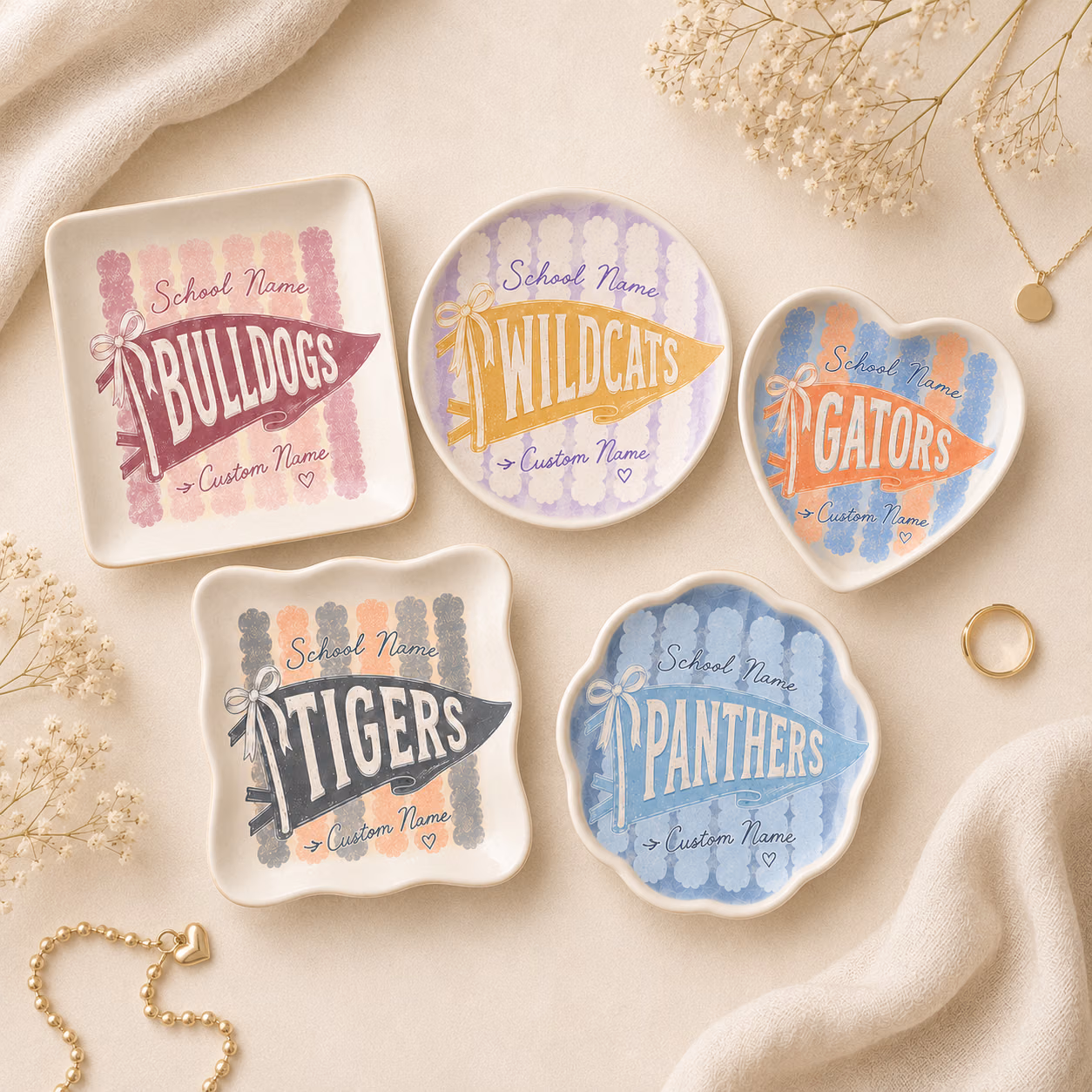 Custom Ceramic Ring Dish - Ribbon Bow College Pennant Tray