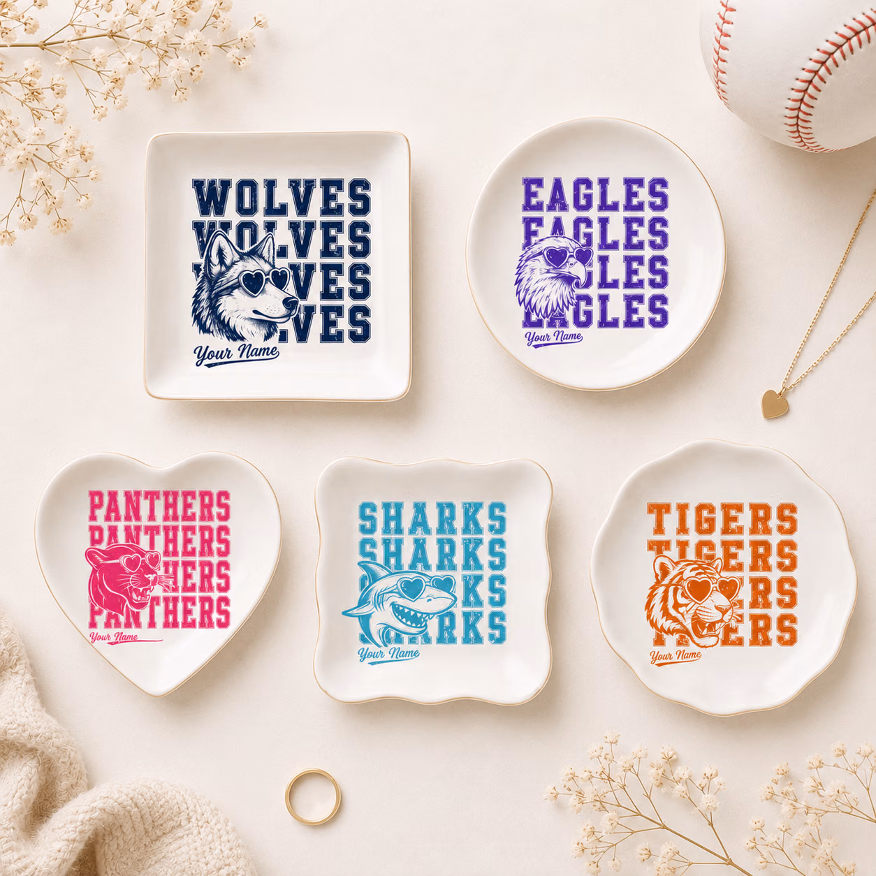 Custom Ceramic Ring Dish - Repeat Mascot Heart Glasses Tray