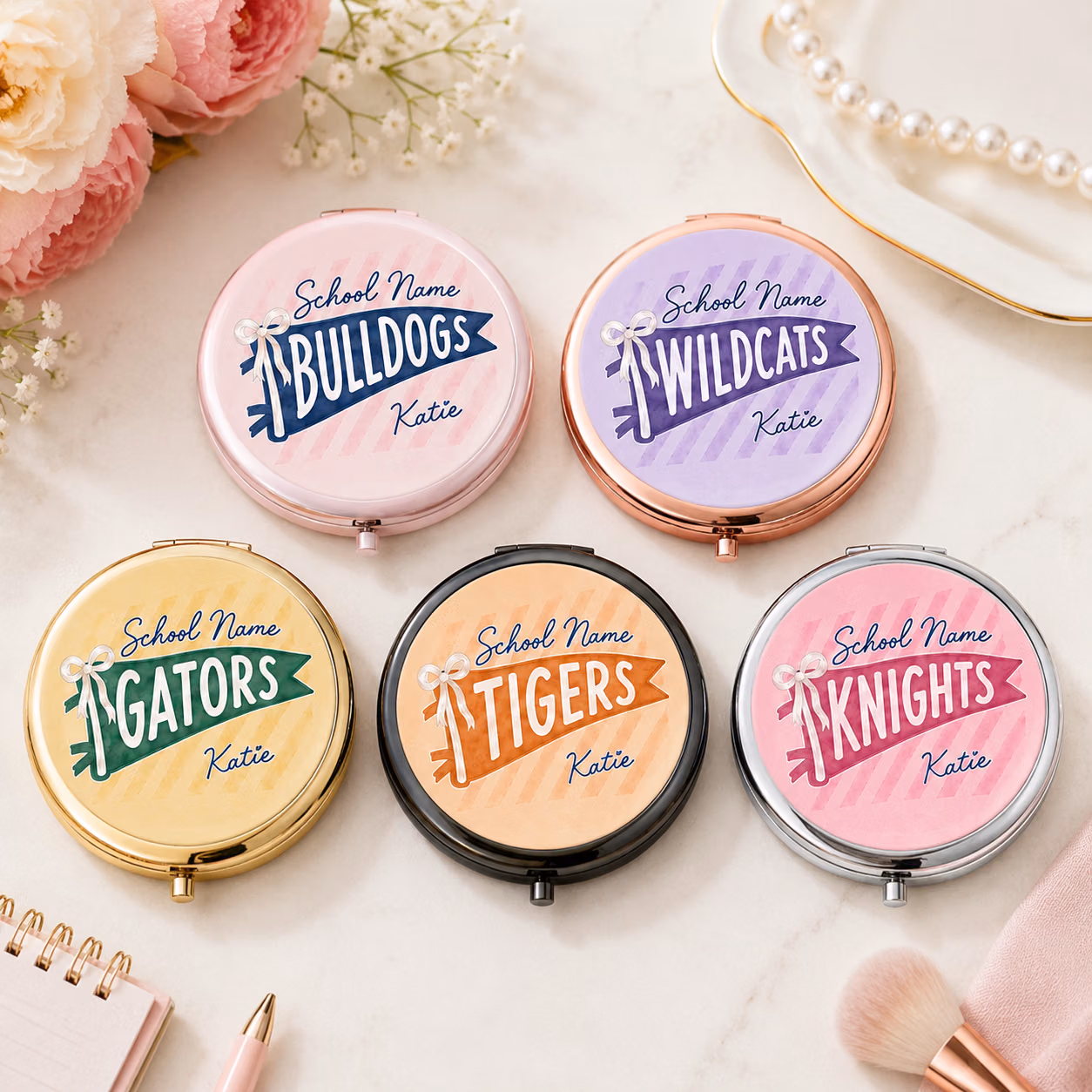 Personalized Compact Mirror - Ribbon Bow College Pennant