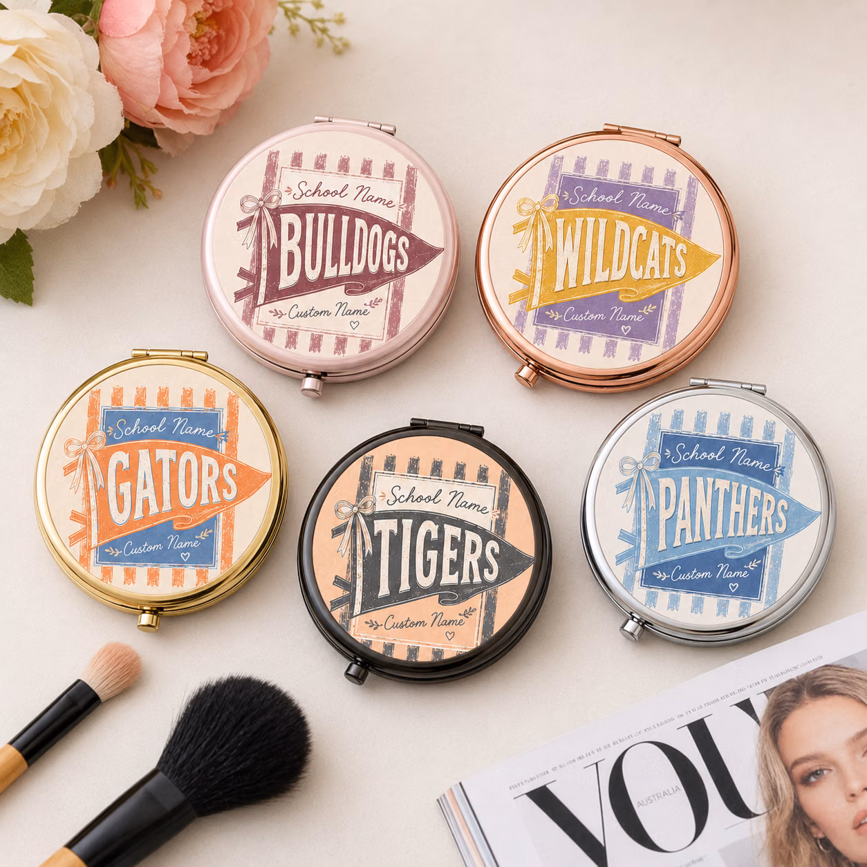 Personalized Compact Mirror - Custom Student Name & Bow Pennant