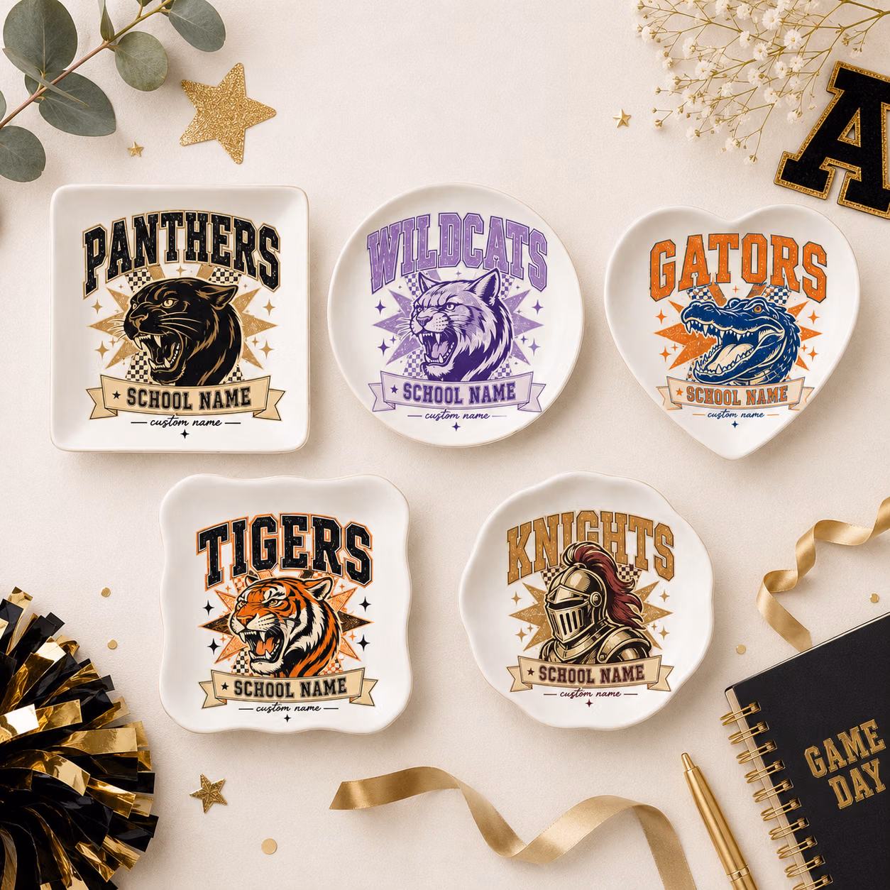 Personalized Ceramic Ring Dish - Retro College Mascot Trinket Tray