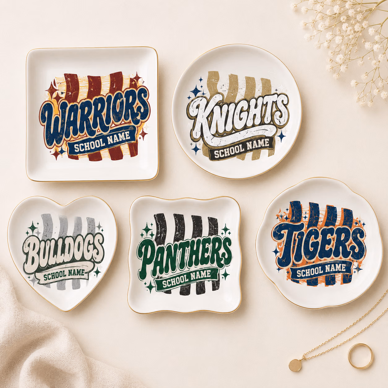 Custom Ceramic Ring Dish - Groovy Stripes College Mascot Tray