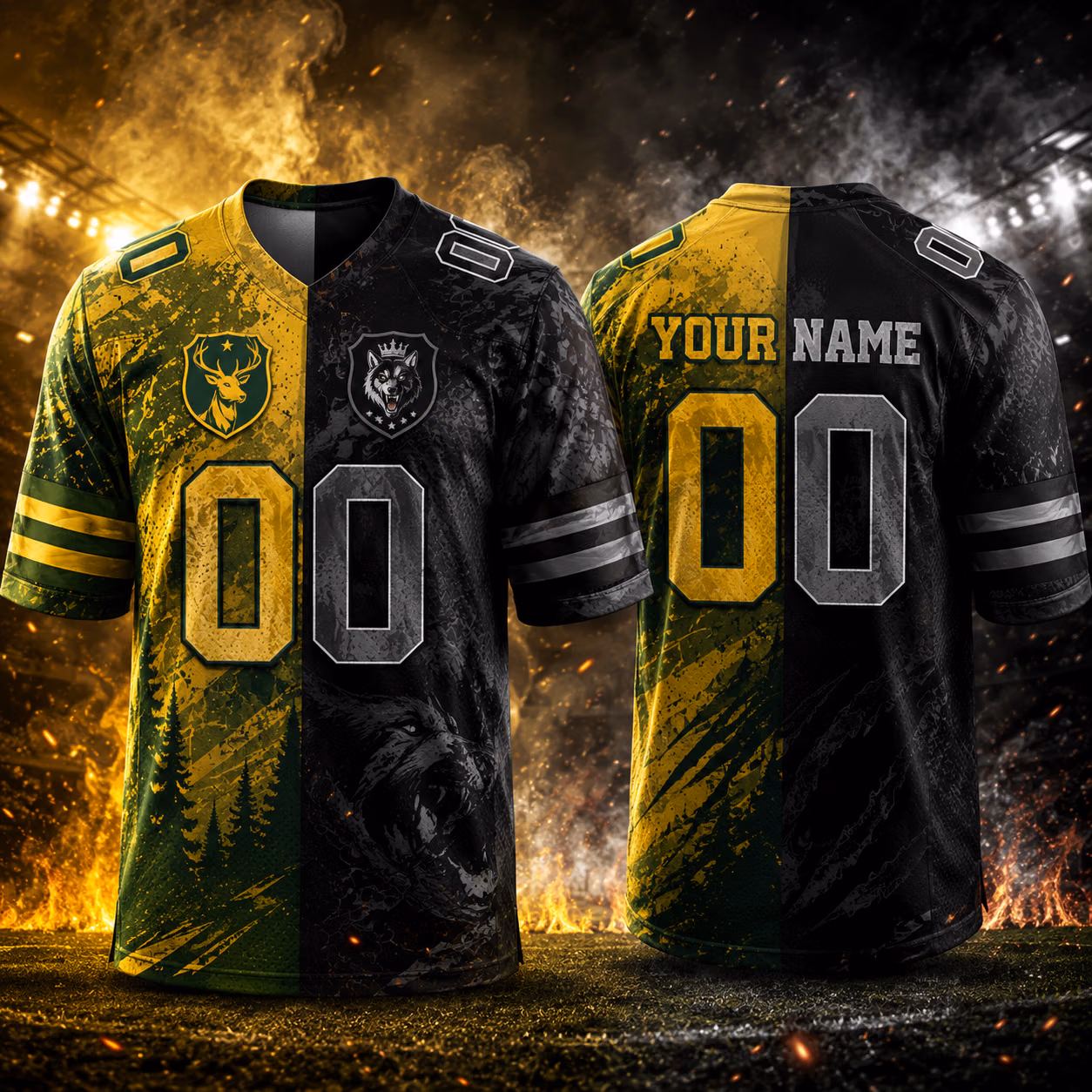 Cool Custom Football Jersey - Epic Split Deer vs Wolf Mascot Game Day Tee