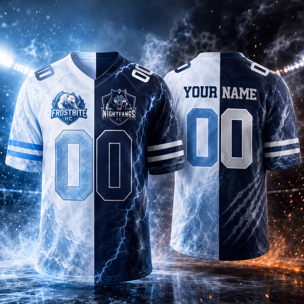 Custom Football Jersey - Epic Split Ice Bear vs Wolf Mascot Game Outfit
