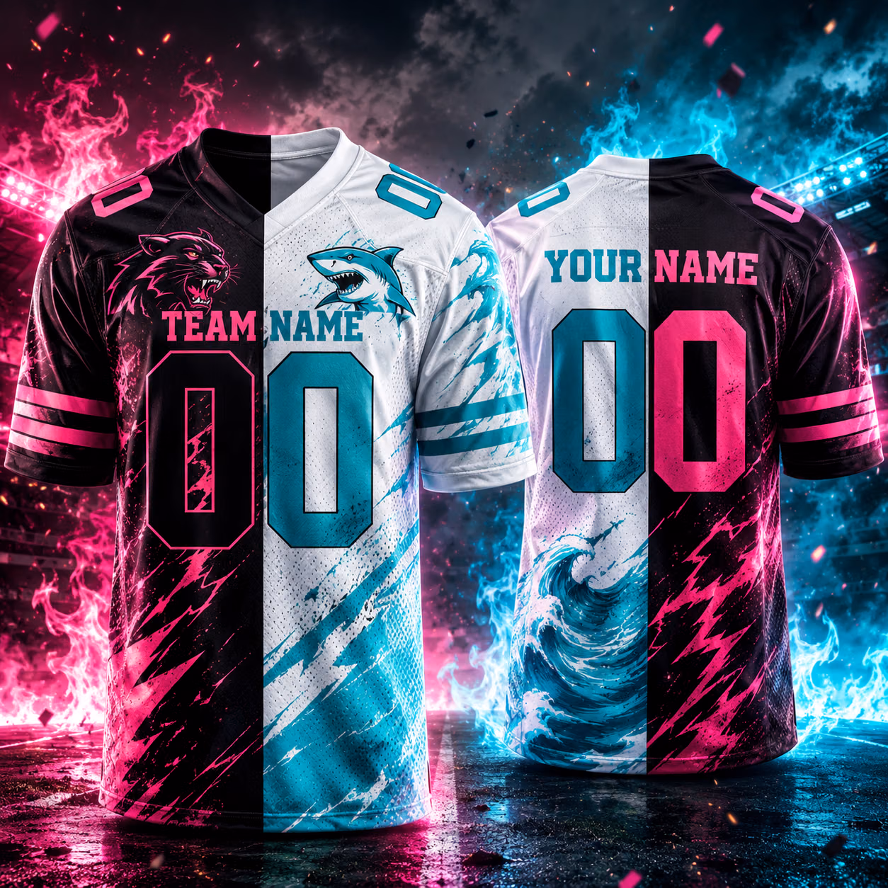 Custom Football Jersey - Epic Panther vs Shark Split Mascot Game Outfit
