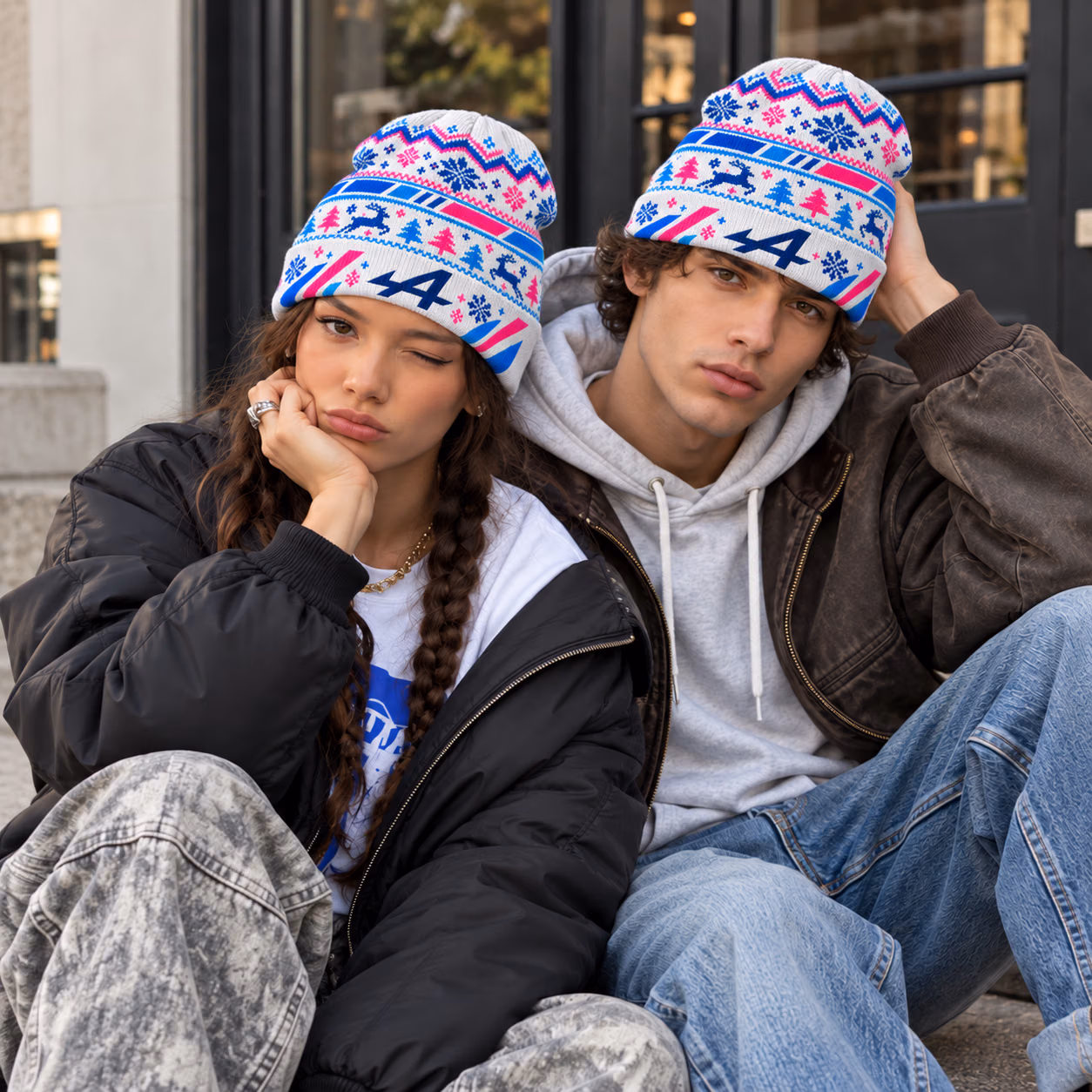 ALP Team White Blue Pink Winter Inspired Racing Beanie Hat - 2