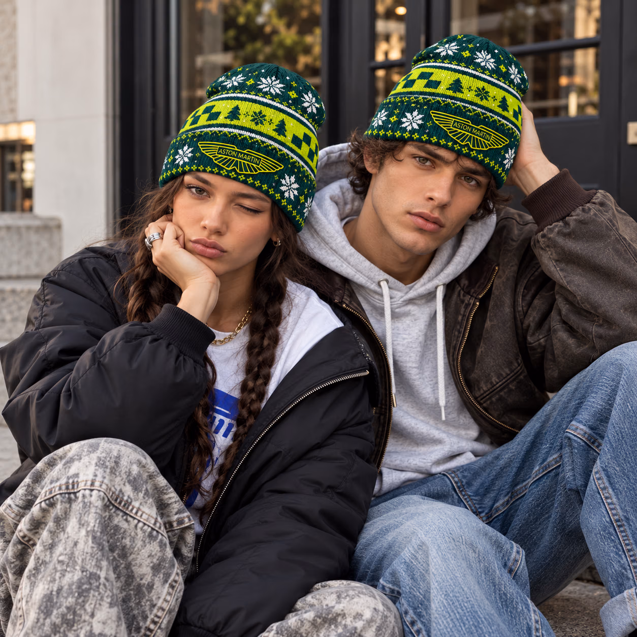 AMR Team British Green Lime Winter Inspired Racing Beanie Hat