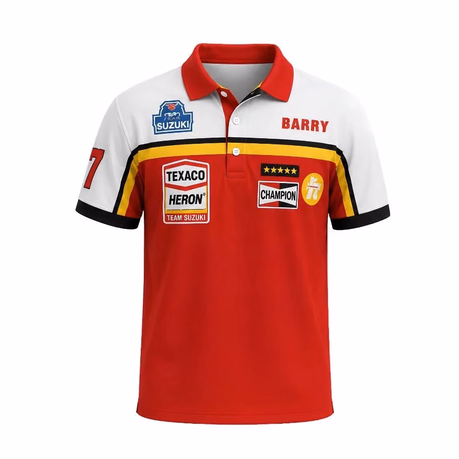 Alternative view of Barry Sheene Suzuki RG500 1976 500cc World Championship Custom Polo Shirt