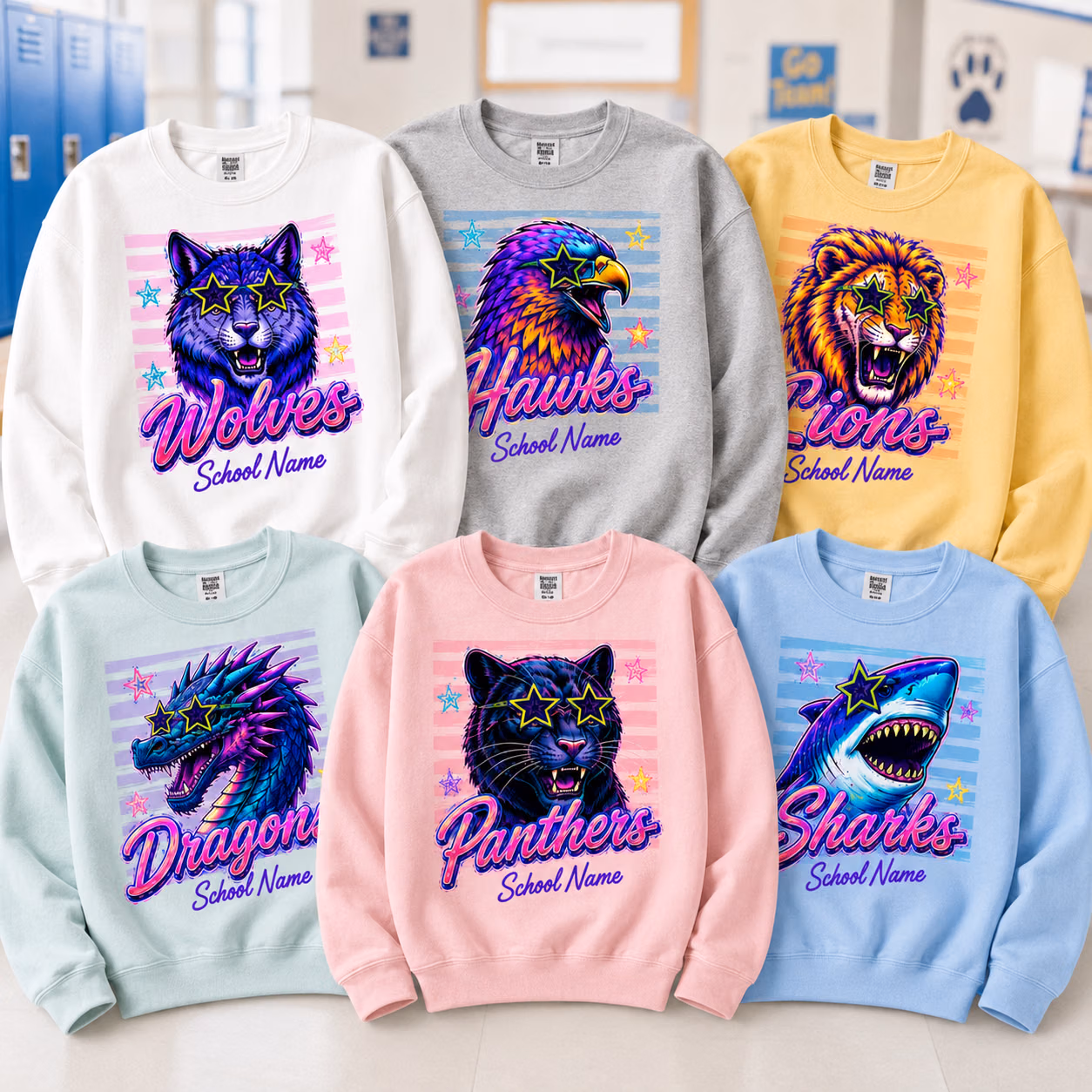 Custom College Mascot Sweater- Neon Star Glasses Mascot Crewneck