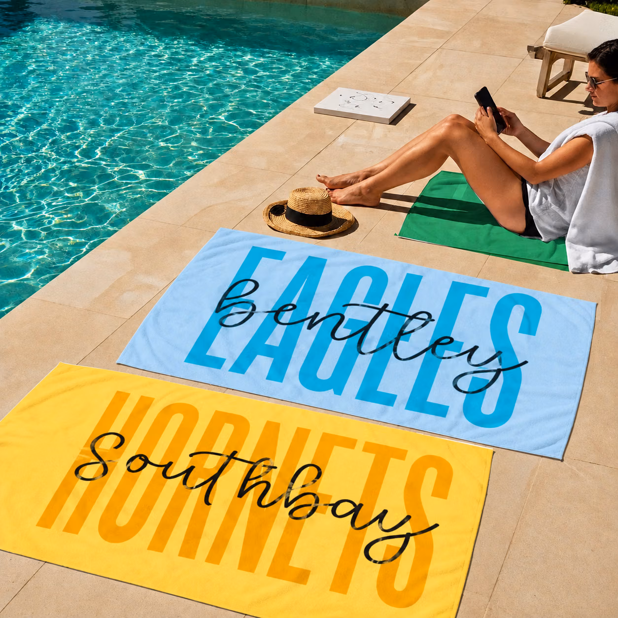 Alternative view of Personalized Beach Towels - Trendy Stacked Varsity Pool Towel