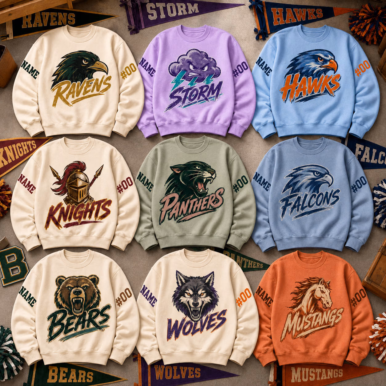 Custom College Sweatshirt - Personalized Sleeve Name Mascot Crewneck