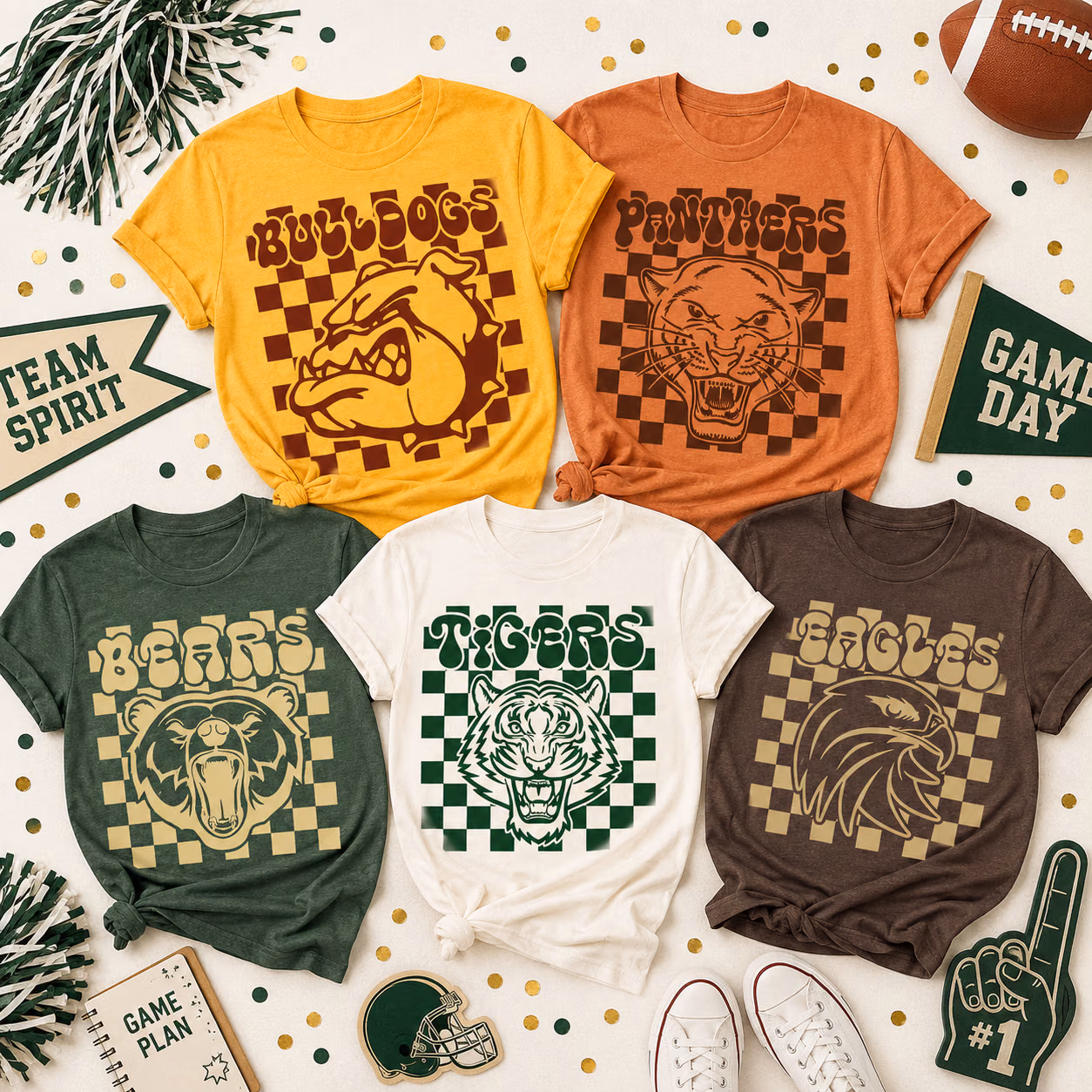 Custom College T-Shirt - Checkered School Mascot Game Day Tee