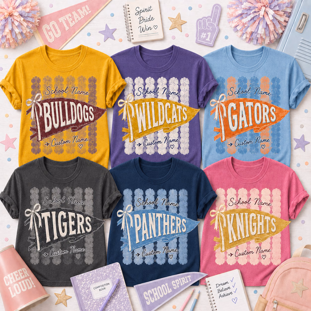 Custom College T-Shirt - Patterned Stripe Bow Pennant Mascot Tee