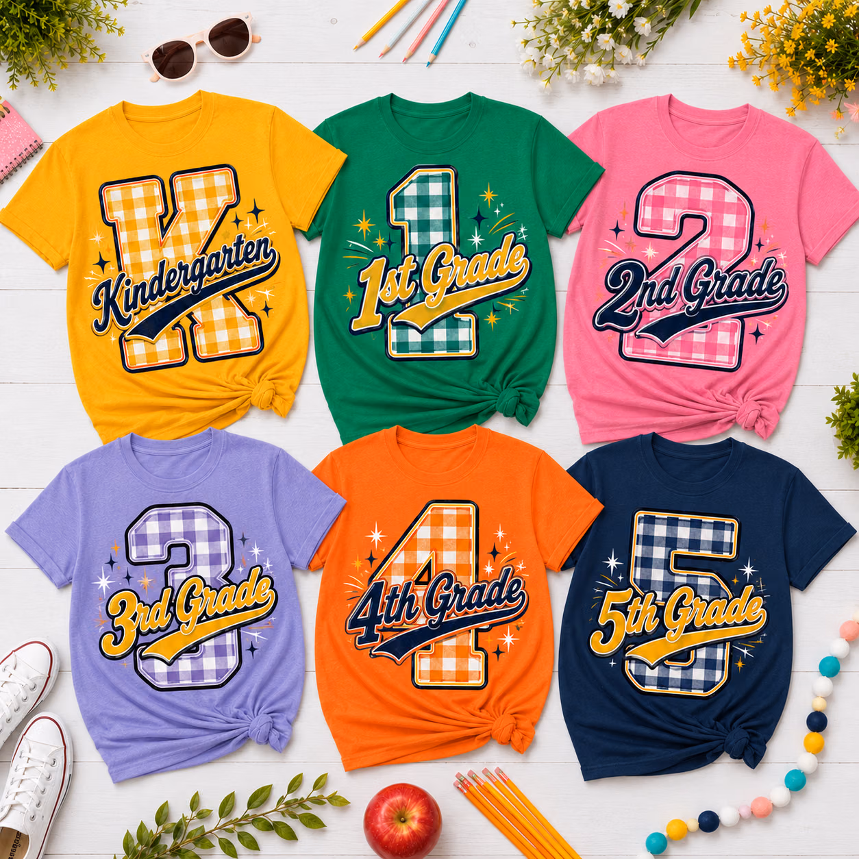 Custom Back to School T-Shirt - Gingham Grade Level Teacher Tee