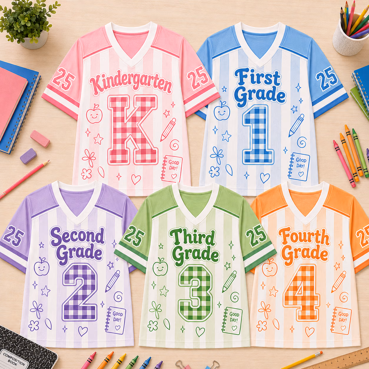 Custom Back to School Football Jersey Shirt - Gingham Grade Level Teacher Tee