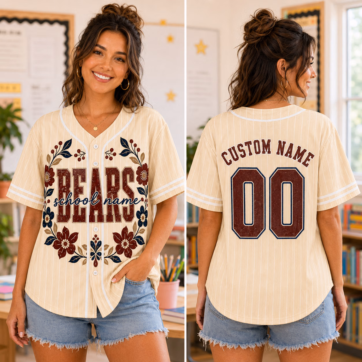 Alternative view of Custom College Baseball Jersey - Personalized Floral Mascot School Spirit Shirt