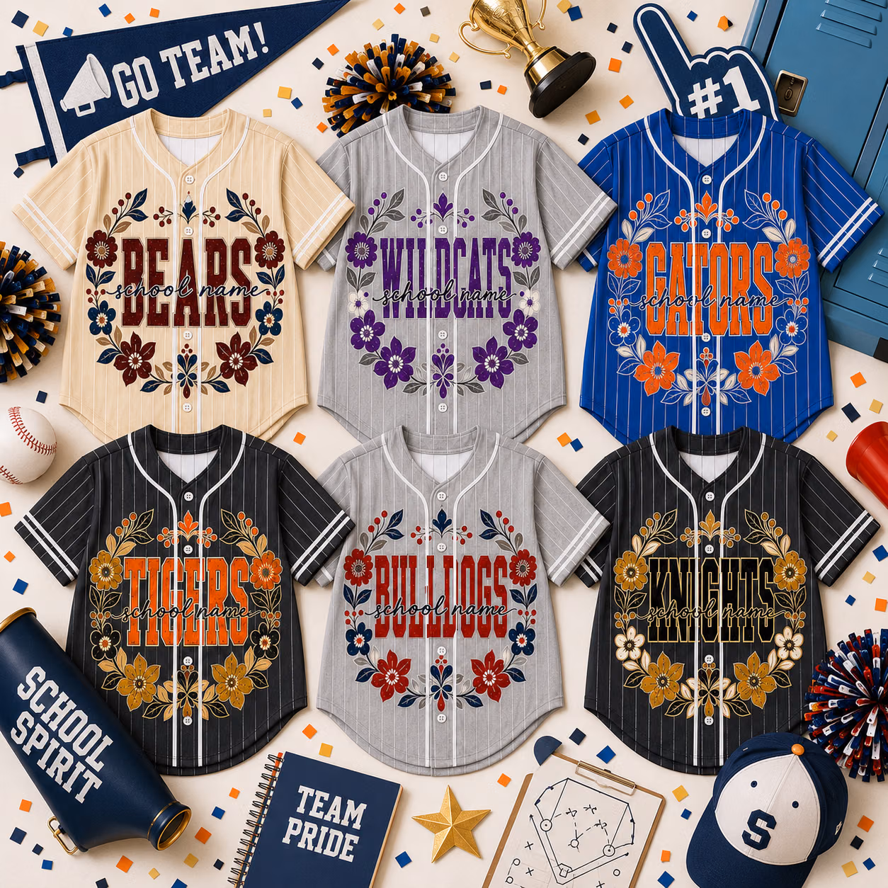 Custom College Baseball Jersey - Personalized Floral Mascot School Spirit Shirt