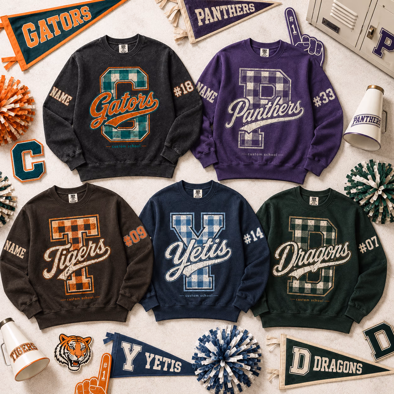 Custom College Sweater - Personalized Plaid Mascot Crewneck