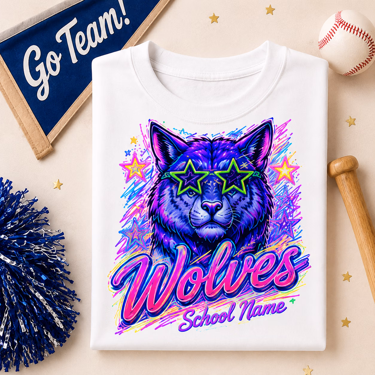Custom College T-Shirt - Neon Star Glasses Mascot Shirt 7 Custom College T-Shirt - Neon Star Glasses Mascot Shirt - Image 7