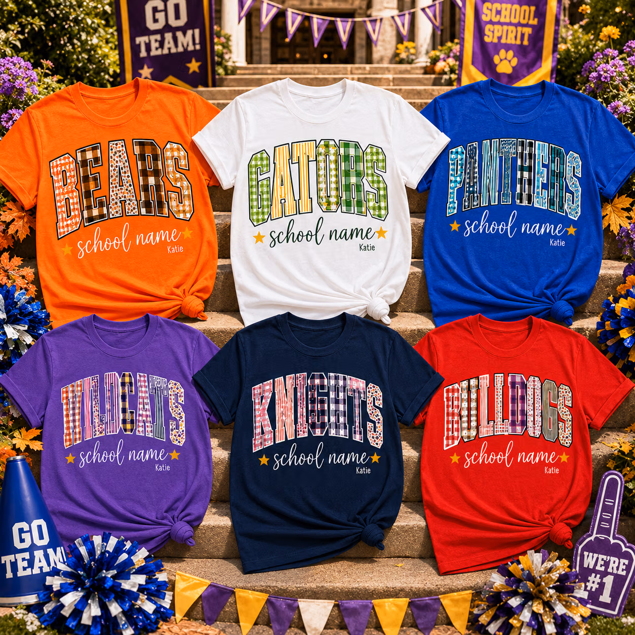 Custom College T-Shirt - Patterned Block Letter Mascot Spirit Tee