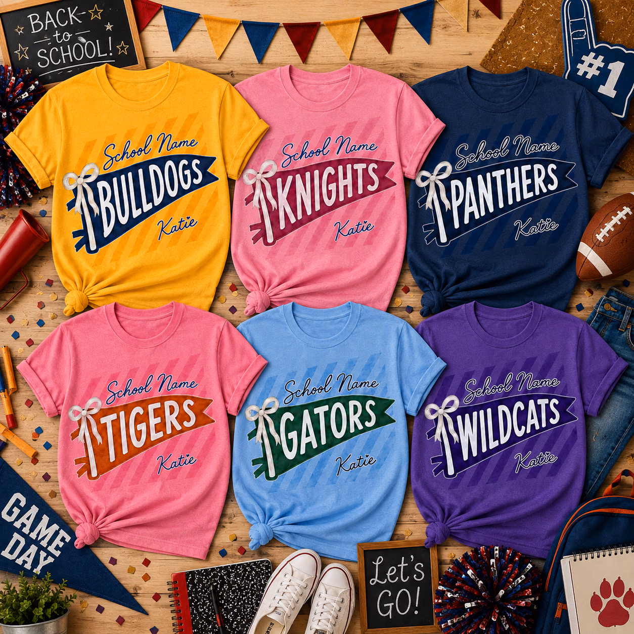 Custom College T-Shirt - Personalized Bow Pennant Mascot Tee