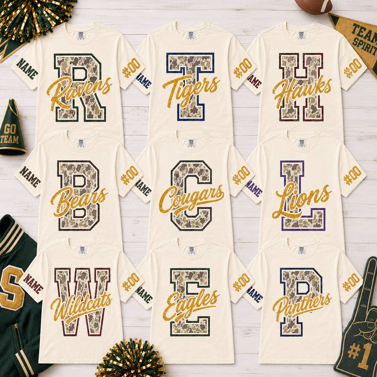 Custom College T-Shirt - Personalized Camo Mascot Letter Tee