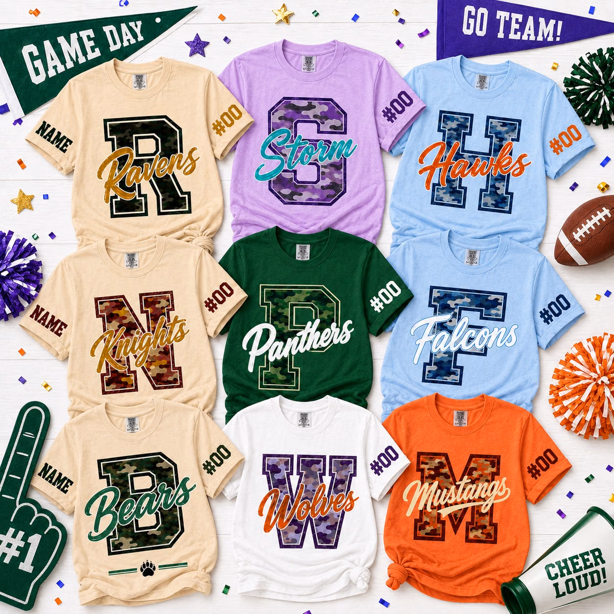 Custom College T-Shirt - Personalized Camo Monogram Mascot Tee