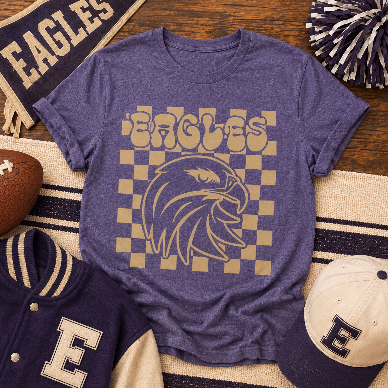 Custom College T-Shirt - Retro Checkered School Mascot Game Tee 4 Custom College T-Shirt - Retro Checkered School Mascot Game Tee - Image 4