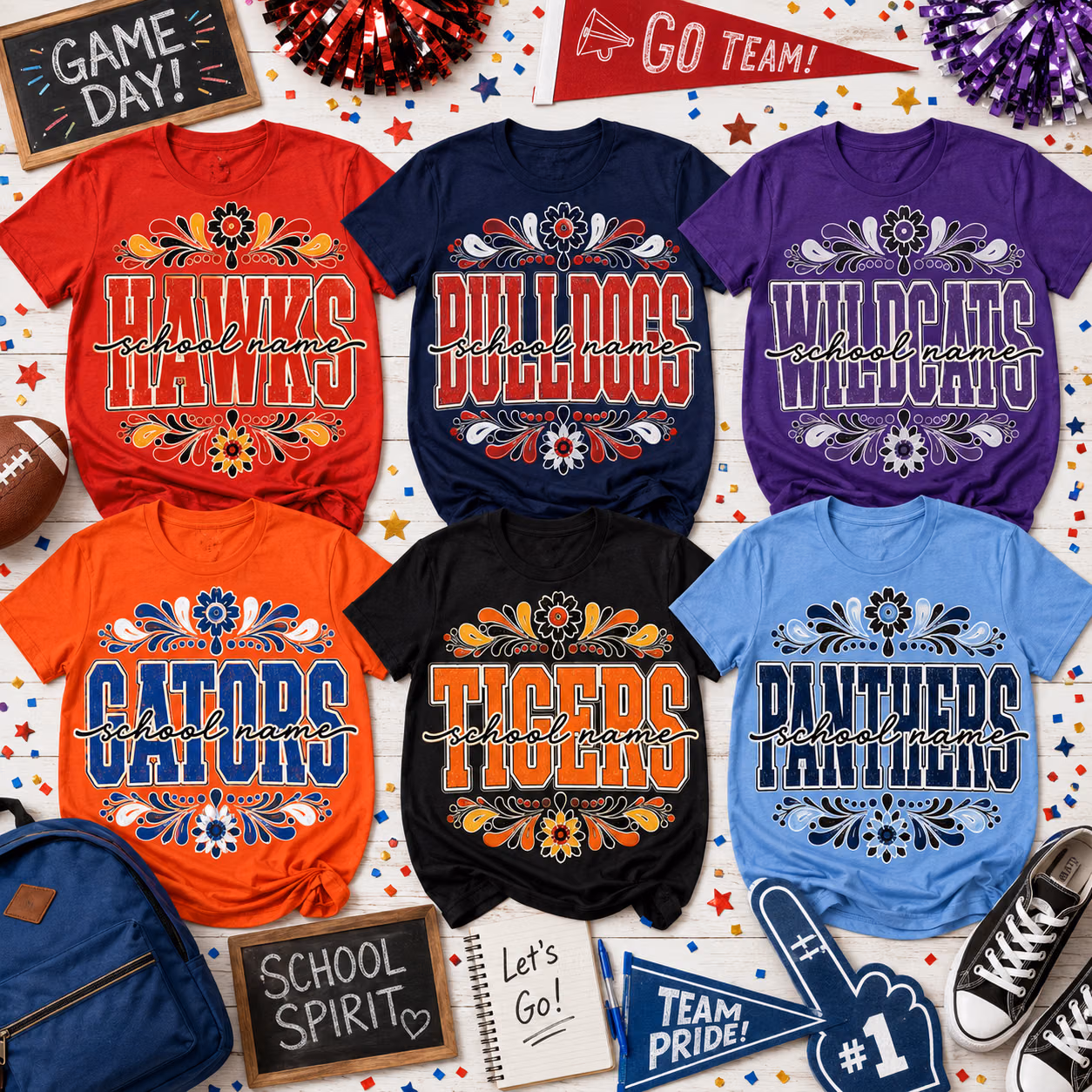 Custom College T-Shirt - Retro Floral Mascot School Spirit Graphic