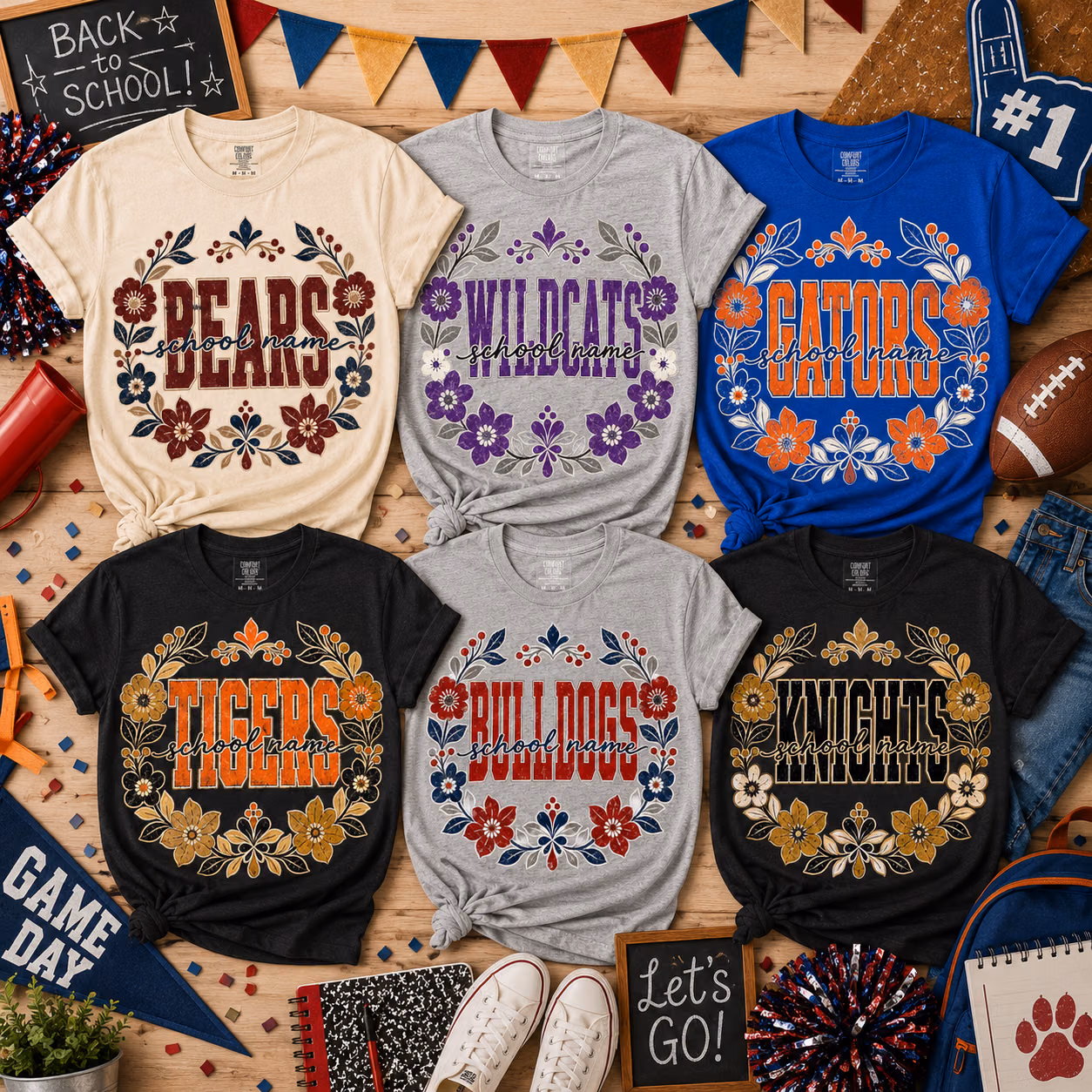 Custom College T-Shirt - Retro Floral Mascot School Spirit Tee