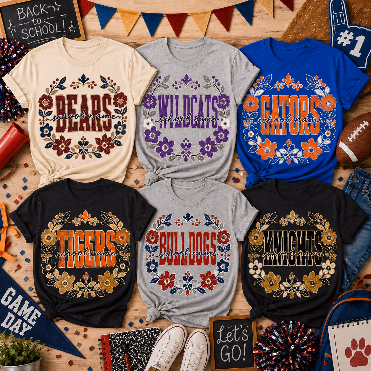 Custom College T-Shirt - Retro Floral Mascot School Spirit Tee