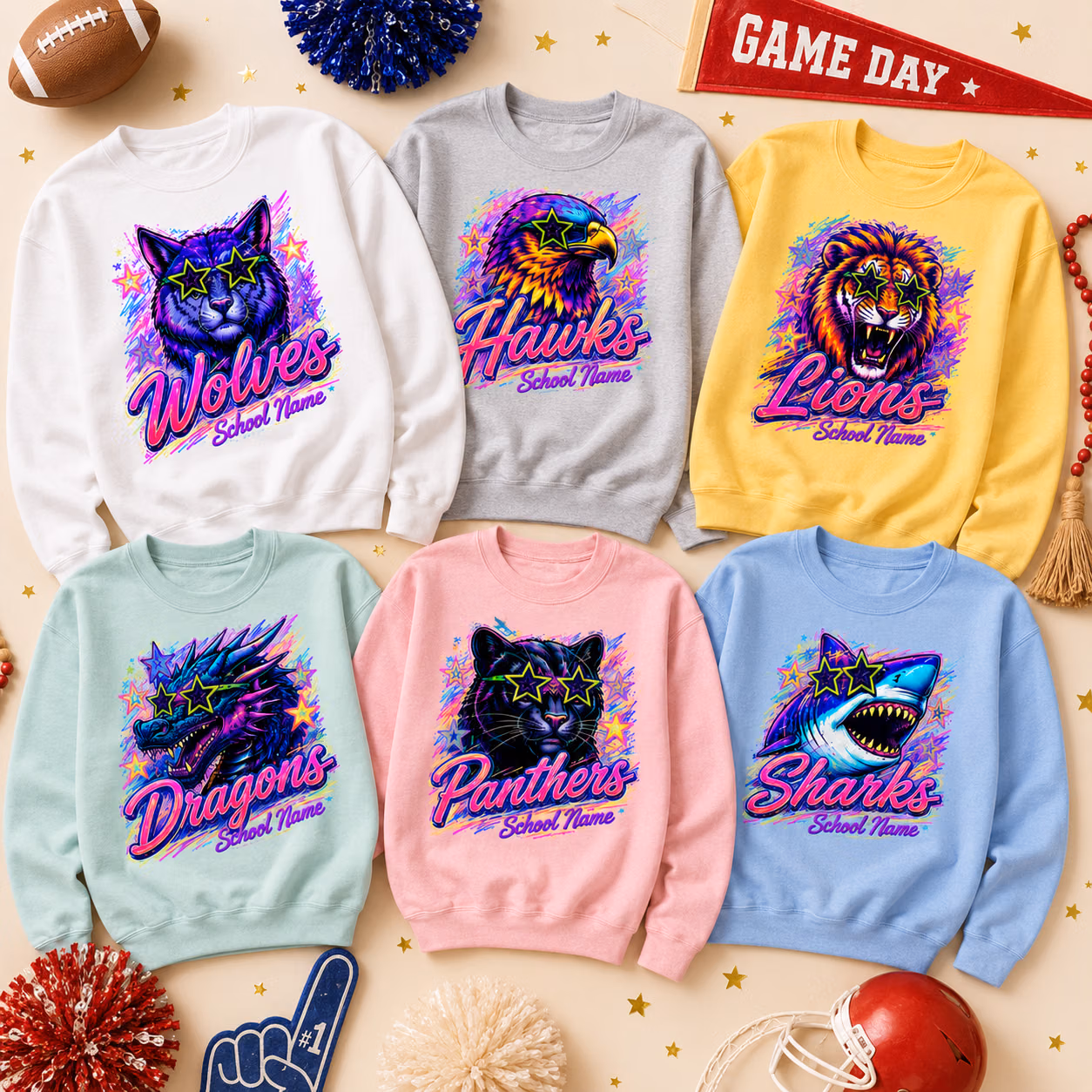 Custom Neon Mascot College Sweater – Personalized School Spirit Game Day Crewneck