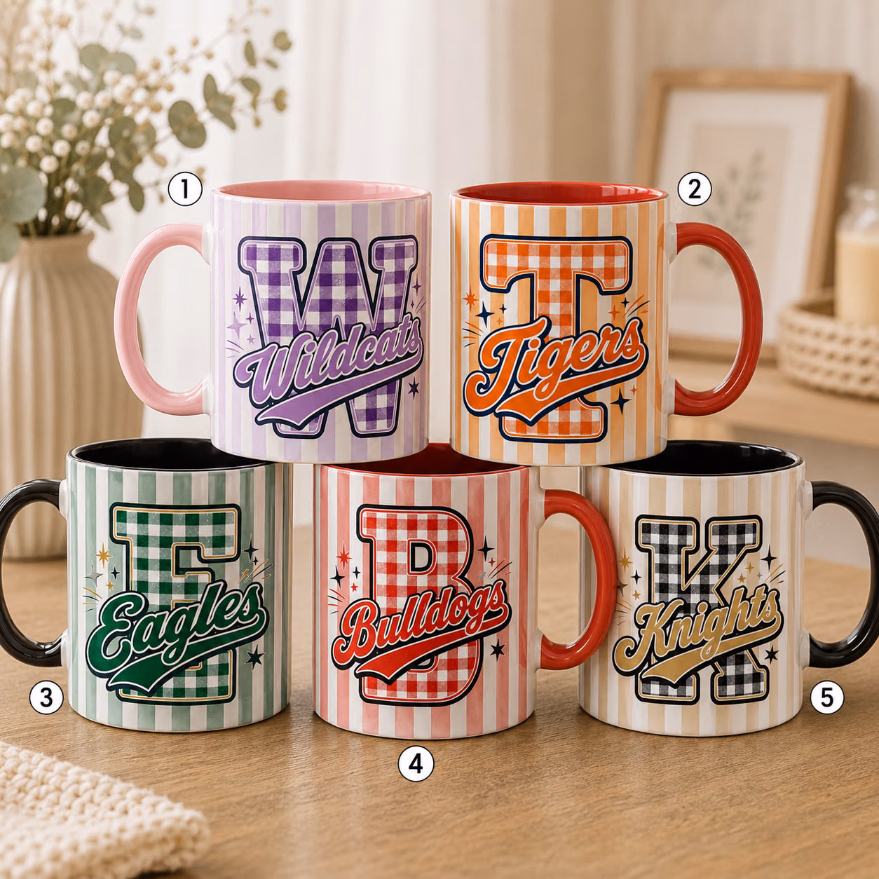 Custom School Mascot Accent Mug, Personalized Gingham Letter Graphic Mug