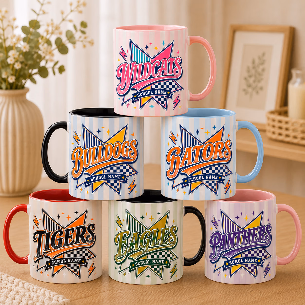 Cute Custom College Mug - Retro Star Checkered Mascot Accent Cup