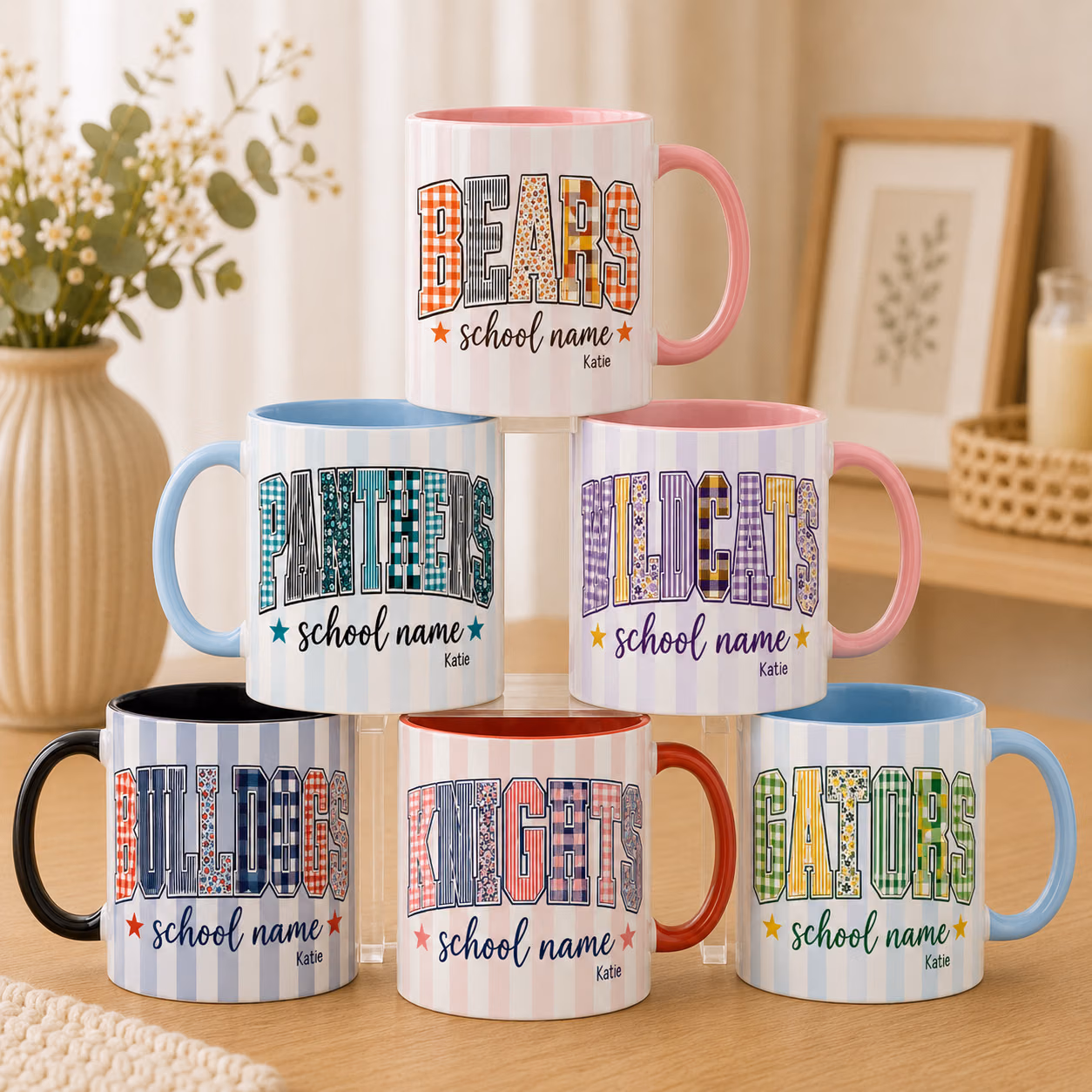 Cute Custom College Mug - Trendy Plaid Varsity Mascot Cup