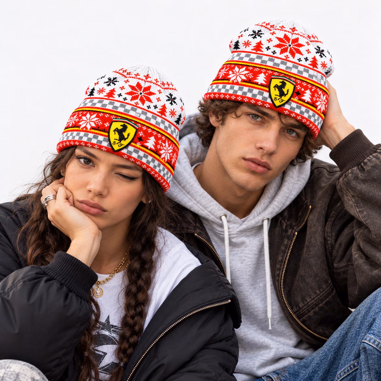 Fer Team Red White Winter Snowflake Inspired Racing Beanie Hat