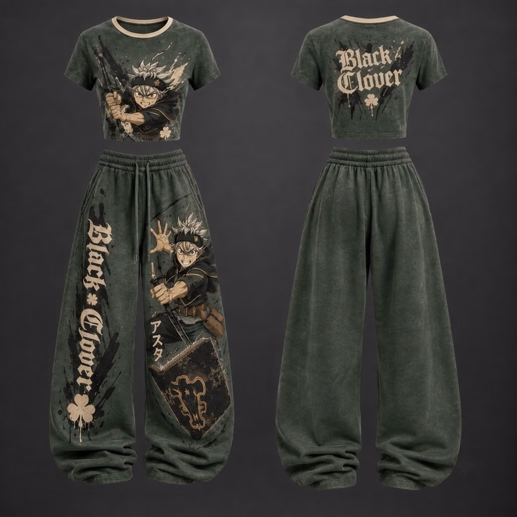 Demon Blade Fighter Five Leaf Clover Crop top And Baggy Set Anime Clothes