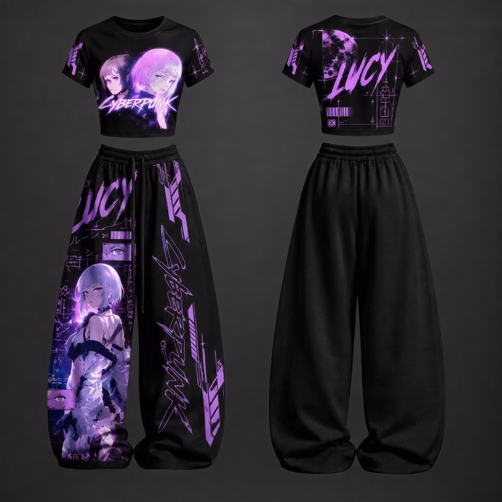 Neon Hacker Girl Neon City Anime Crop top And Baggy Set Anime Clothes