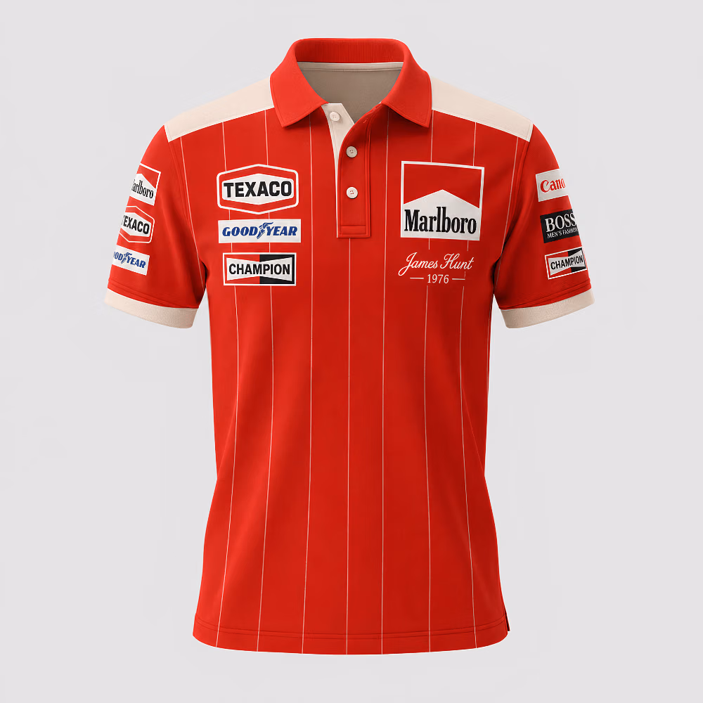 Alternative view of James Hunt Silverstone 1976 World Champion Custom Polo Shirt
