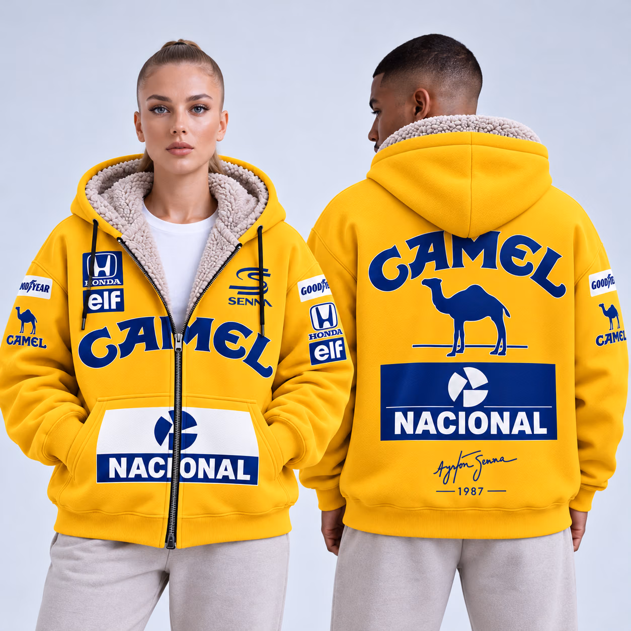 Magic Senna Camel 1987 Custom Racing Sherpa-Lined Fleece Zip Hoodie