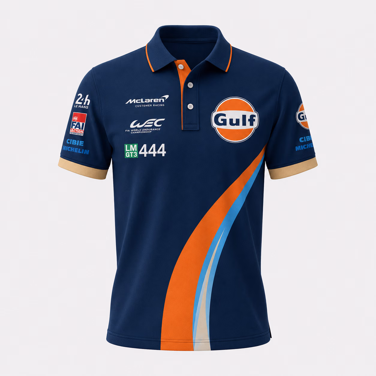 Alternative view of ML 720s LMGT3 Evo"Gulf" Le Mans 1995 Tribute Custom Polo Shirt