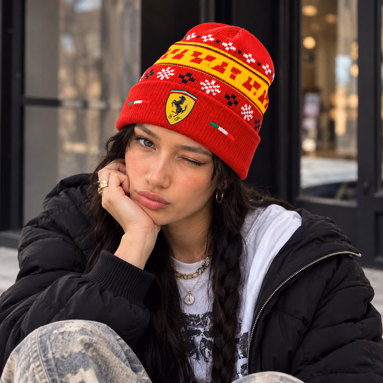 Saint Charles #16 Fer Team Red Yellow Winter Inspired Racing Beanie Hat - 3