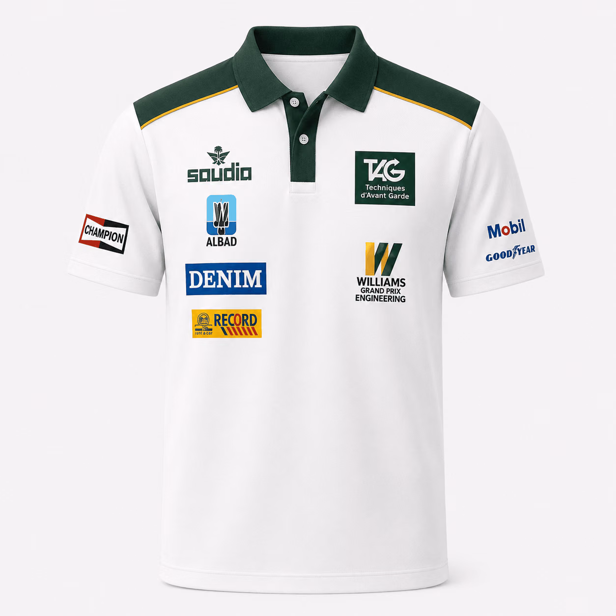 Alternative view of Saudia Tag Williams 1983 Pit Crew Shirt Rare Version Green White - Fan Inspired Polo Shirt